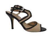 Tahari Lima Tan Jute & Black Braided Open Toe Ankle Strap Heels Size 9