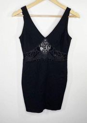 Solemio Black V-Neck Lace Inset Sleeveless Bodycon Mini Dress Women's Size Small