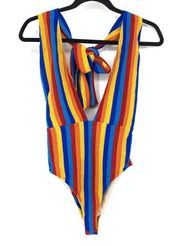 Farm Rio Bodysuit Women's Size M Plunge Neckline Open Back Halter Rainbow Stripe