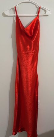 Red Midi Satin Cowl Neck Dress