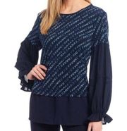 NEW NWT INVESTMENTS Navy Blue Printed Semi Sheer Long Sleeve Boho Tunic Blouse M