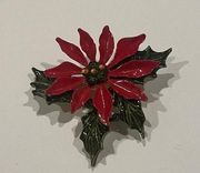 Pretty Enamel Pin Brooch Christmas Holiday - Red Metal Poinsettia Flower