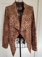 BB Dakota Faux Suede Brown Animal Print Open Drape Front Jacket Womens Size XS