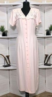 NWT All That Jazz vintage 80s 90s embroidered light pink midi dress Sz M