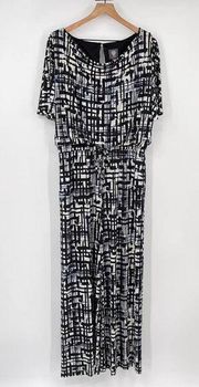 Vince Camuto Dressy Jumpsuit Womens Sz 14 Black White Blue Cold Shoulder Stretch