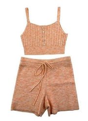 Wayf - Frenchie Ribbed Knit Cami Crop Top & Shorts in Peach