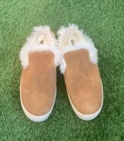 boho bohemian tan suede and white fur slide