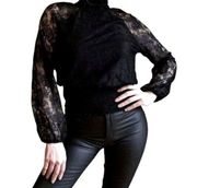 NY & Co Floral Blouse Black Lace Top Ruched Waist Keyhole Back