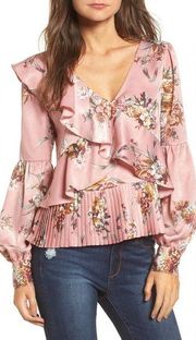 Nordstrom Leith Ruffle V-Neck Blouse Asymmetrical Pink Floral Balloon Sleeve M