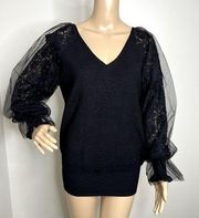 Suzanne Betro Signature Black Lace Sleeves Sweater