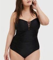 Torrid Slim Fix Lattice Front Swimsuit One Piece Black Ruched Slimming Plus 4X