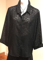 Sag Harbor Thick Black Lace Sheer Button Down Collar Size 16