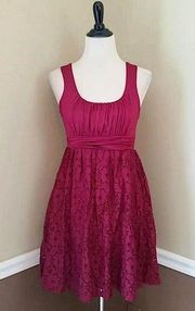 NEW Modcloth Maitai Raspberry Wine Pleated Lace Overlay Stretch Jersey Dress S