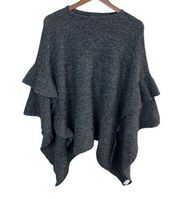 Coco + Carmen Poncho Sweater One Size Gray Knit‎ Ruffle Sharkbite Hem Womens OS