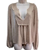 Emory Park Brown Boho Boxy waffle knit long sleeve V neck top