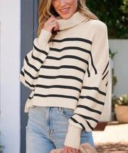 Merokeety Cream Oversized Black Striped Turtleneck Sweater