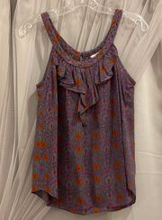 Purple Floral Ruffle 100% Silk Cami Tank Top Size 4 Small