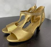 Easy Street Flash T-Strap Heeled Sandal Women’s Gold Sz 7N Narrow Fit