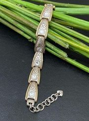 Retired Vintage BRIGHTON 2-tone Gold & Silver Rhinestone Ornate Link Bracelet