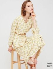 Uniqlo Joy Of Print Cream & Yellow Floral Long Sleeve Midi Dress S