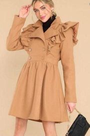 Aura Exaggerated Ruffle Double Breasted Coat Camel L NWT