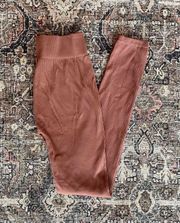 Ribbed Seamless High Waisted Leggings in Terracotta Brown - S