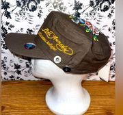 New Ed Hardy by Christian Audigier Y2K Army Cadet Style Hat Olive Green