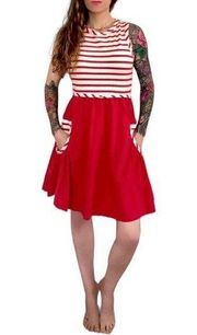 Marc By Marc Jacobs Red Ivory Striped Preppy Fit Flare Dress Pockets Size Small