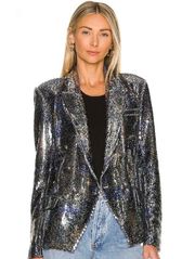 NWT L’AGENCE Kenzie Double Breasted Blazer In Dark Green Multi Sequin