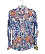J. McLaughlin Lois Button Up Shirt Long Sleeve Paisley Print Top Blue Size XS