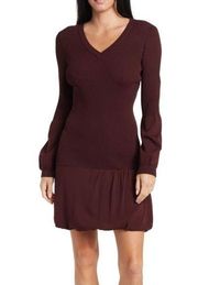 NWT Current Air LA Long Sleeve V-Neck Ribbed Sweater Dress LARGE in Wine