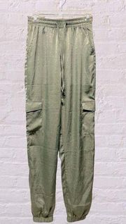 tall olive green silky cargo elastic waist pants joggers sz small