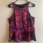 Express Floral Feather Bright Satin Peplum Sleeve Less Top Size Large
