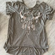 &merci Gray BoHo Cow Skull Shirt