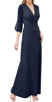 NWT JS Collections Navy Blue Chiffon V Neck Long Sleeve Crepe Maxi Gown US 2