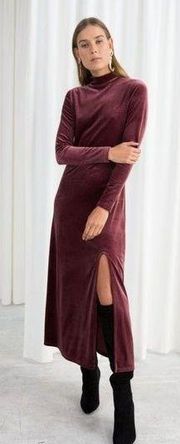 & Other Stories Velvet Turtleneck Midi Dress Burgundy Slit Long Sleeve Size 4