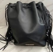 VICTORIA’S SECRET Black Fashion Show Faux Leather Fringe Drawstring Backpack