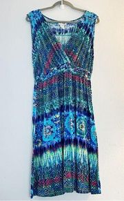 Kate & Mallory Designs Dress Ikat Pattern Sleeveless V Neck Braid Waist Sz L GUC