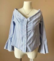 Free People  | Striped Off-shoulder Bell Sleeve Button Down Blouse Sz L