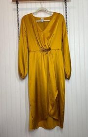 Worthington Womens Gold Long Sleeve Midi Faux Wrap Dress Long Sleeve Size L