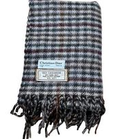 Christian Dior Scarf Wrap 100% Cashmere Fringed Hem Gingham Plaid Gray