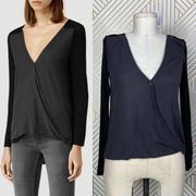 ALLSAINTS Bow Wrap Top in Black Gray Long Sleeve Hi-Low Hem Size US XS