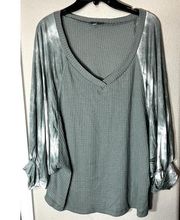 White Birch Top Womens Waffle Knit Thermal Green Top Doman Sleeve sz L