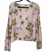 BP Pink Turquoise Floral V Neck Flare Sleeve Top