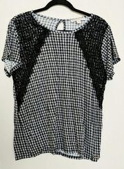 Houndstooth Lace S/S Top Tee Black White L