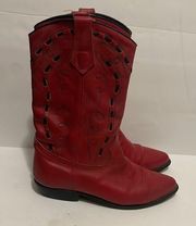 Vintage Red Leather Cowgirl Country Chic Embroidered Mid Calf Boots Size 7.5