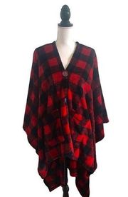 Soft & Cozy Company Buffalo Plaid Blanket Style Poncho Red & Black Cabin Core OS