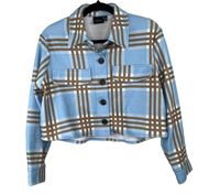 Brushed Sky Blue Plaid Check Cropped Jacket Shacket Oversized XS