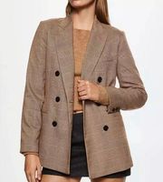 MANGO, MNG New, Berta Tan Double Breasted Check Blazer Jacket, Size Medium