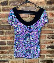 AB Studio Purple Printed Smocked Open Keyhole Back Blouse Women's Size Small